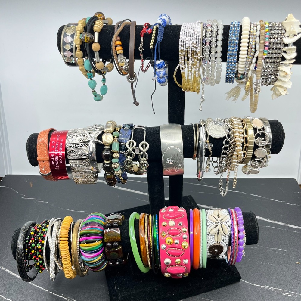 Mixed Bracelet Lot 73 Pcs Bangle Shell Rhinestone Leather Boho Statement Jewelry